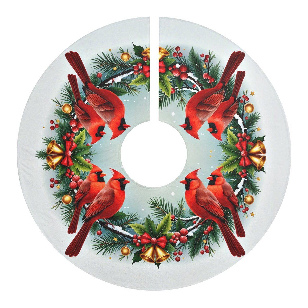Cardinals and Christmas Bells Christmas Tree Skirt, Round Tree Skirt, Christmas Tree Decor