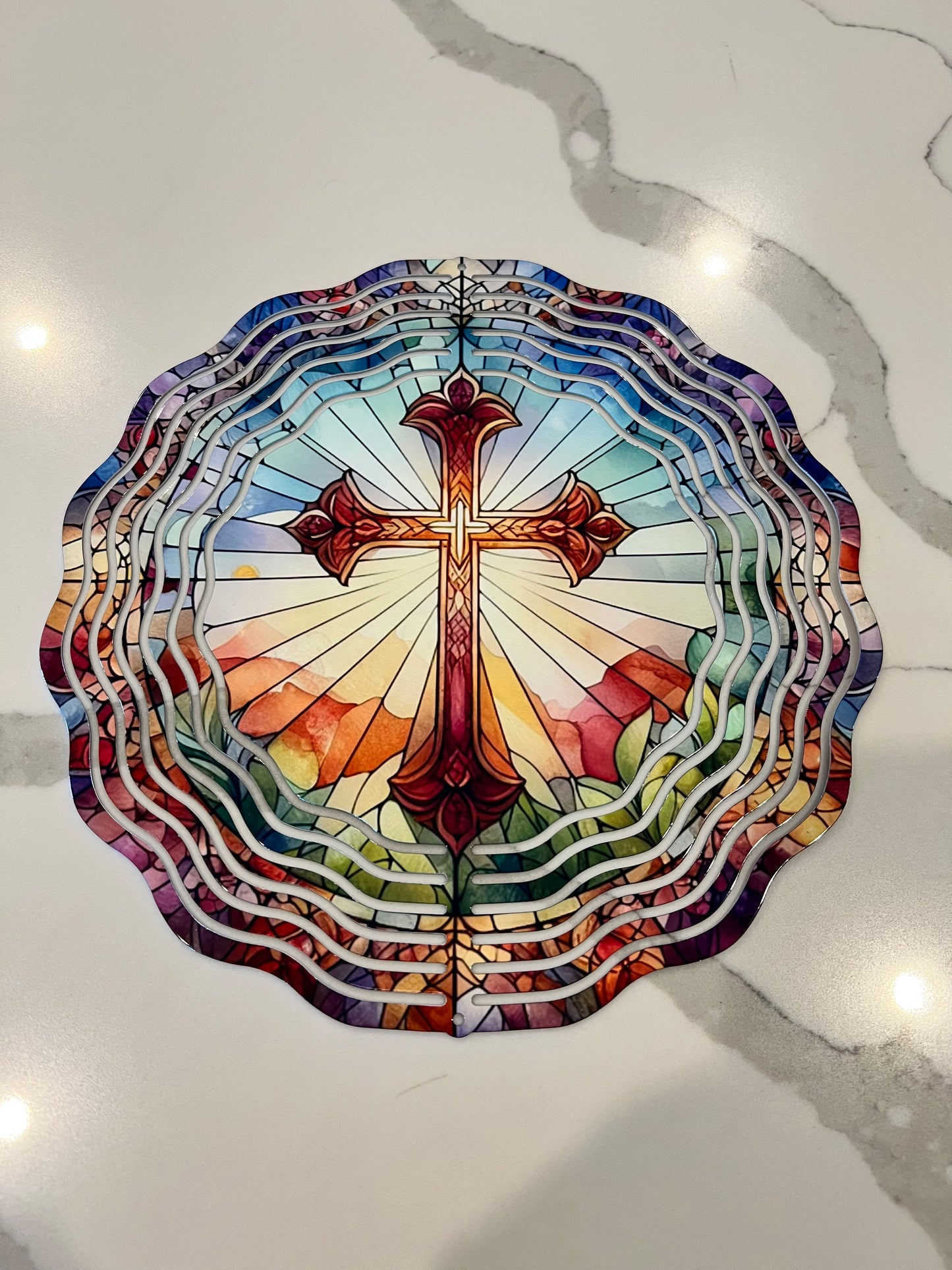 Stained Glass Cross Wind Spinner 10 Inch Yard Art, Housewarming Gift-Birthday Gift