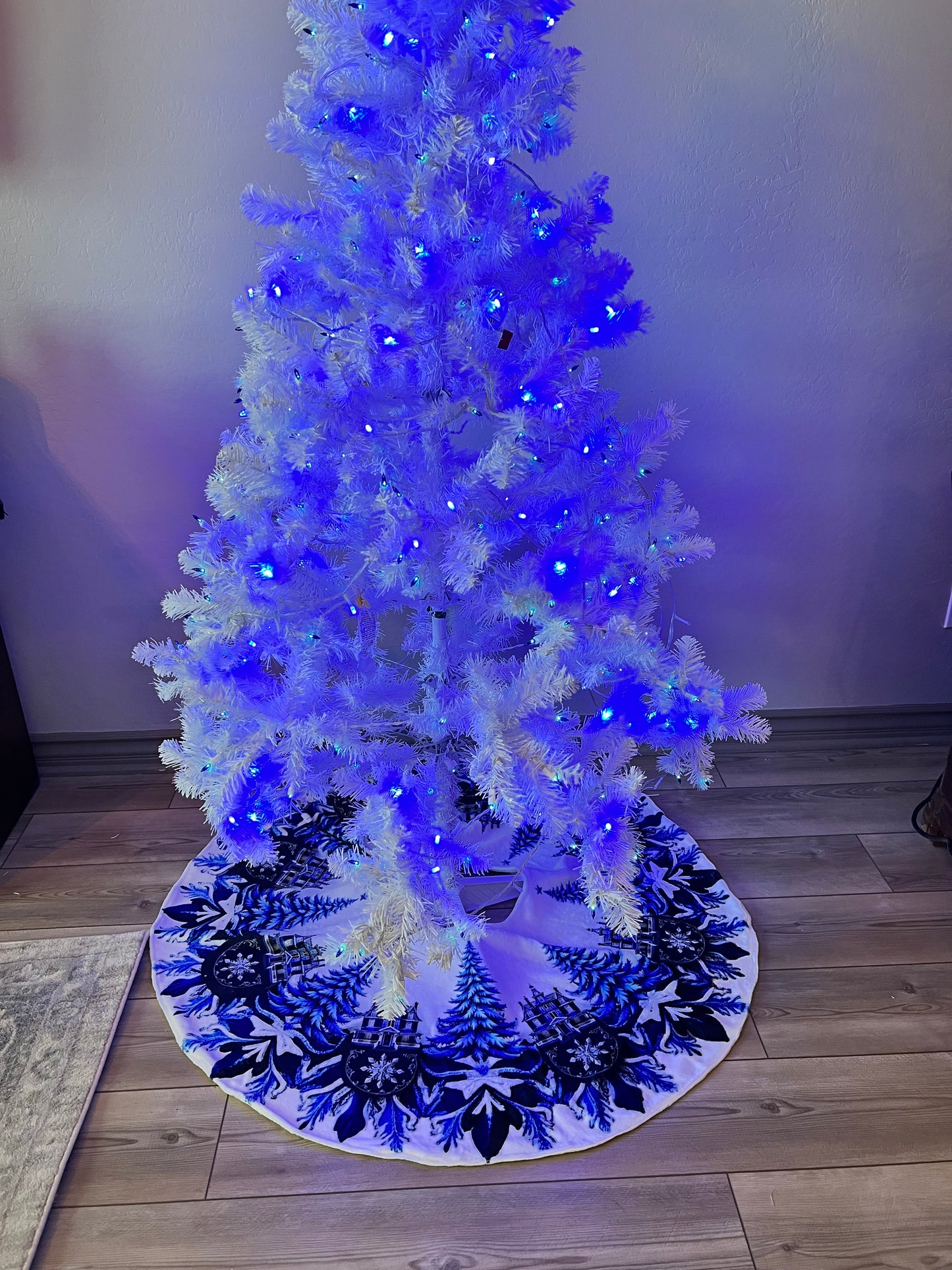 Blue and White Trees and Snowflakes Christmas Tree Skirt, Round Tree Skirt, Christmas Tree Decor