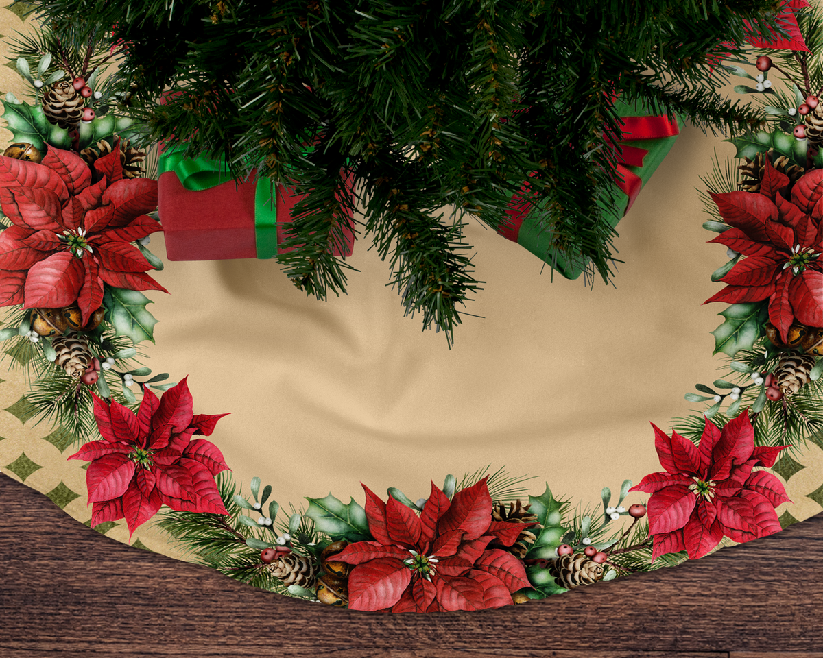 Poinsettias Christmas Tree Skirt, Christmas Tree Decor, Christmas Holiday Decor, Christmas Gift, Poinsettia Decor, Rustic Holiday Decor