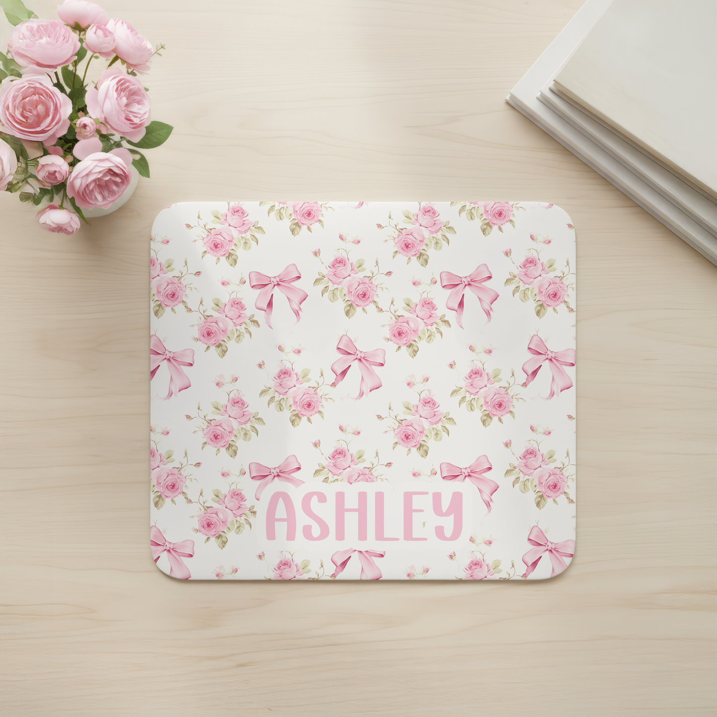 Custom Pink Floral Bows Desk Mat, Large Mousepad, Office Dorm Decor, Co Worker Teacher Gift, Home Office Desk Supplies