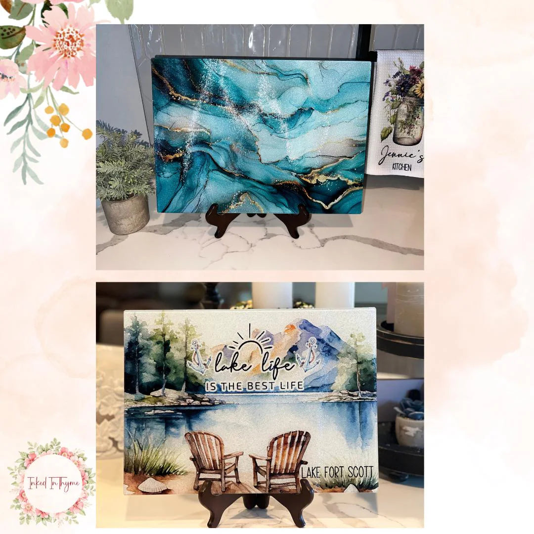 Ocean Wave FAUX Marble Tempered Glass Cutting Board, Marble Decor, Charcuterie Board, Serving Tray, Hostess Housewarming, Challah Board