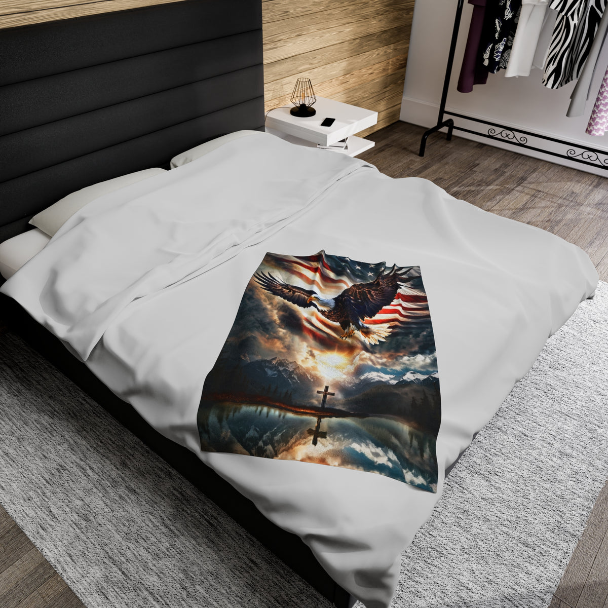 Spirit Of Freedom Majestic Eagle American Flag Cross Velveteen Plush Blanket-Patriotic Gift-Christian Religious Gift-Living Bedroom Decor