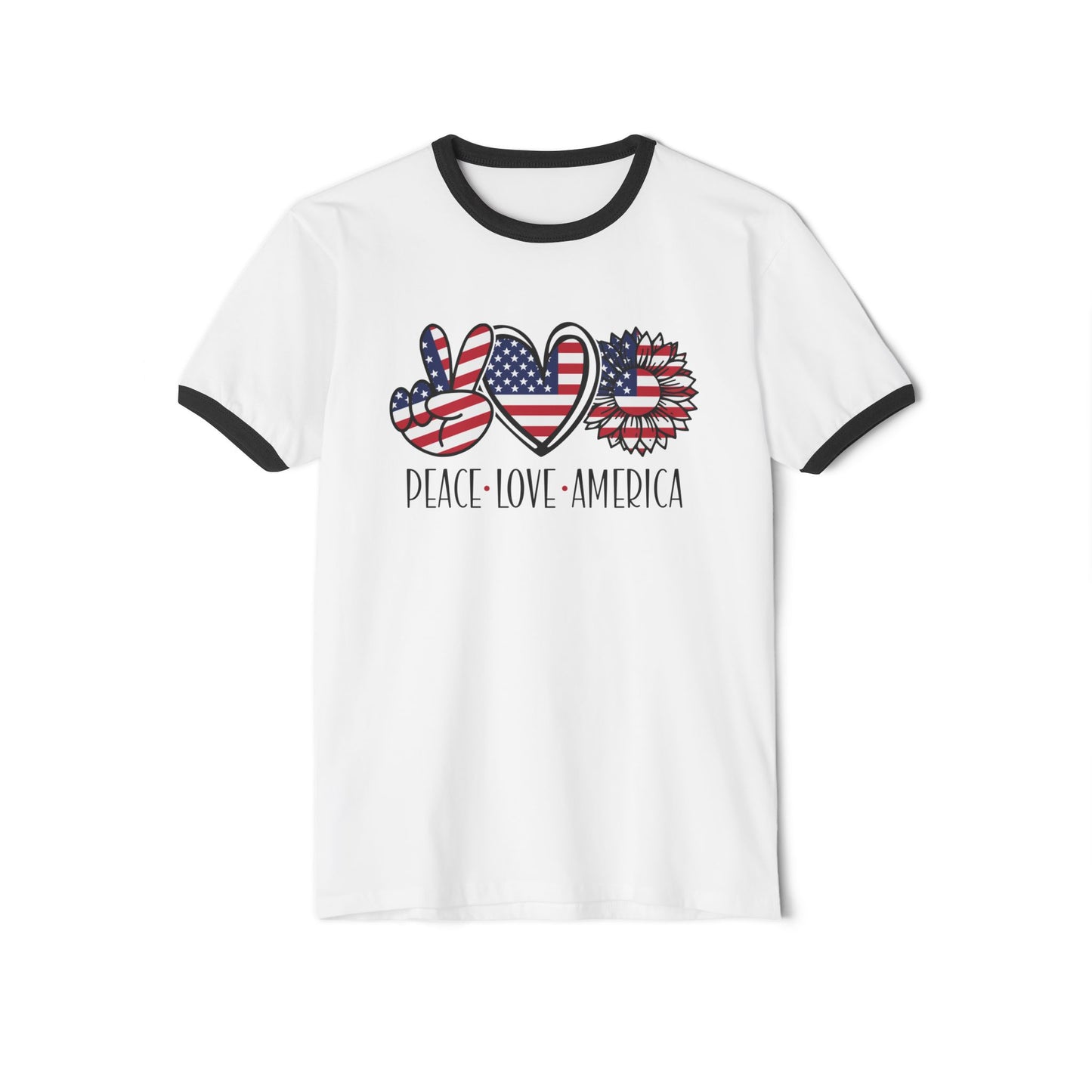 Peace Love America Unisex Cotton Ringer T-Shirt | Patriotic Tee for Memorial Day, Independence Day, 4th of July, American Pride Shirt