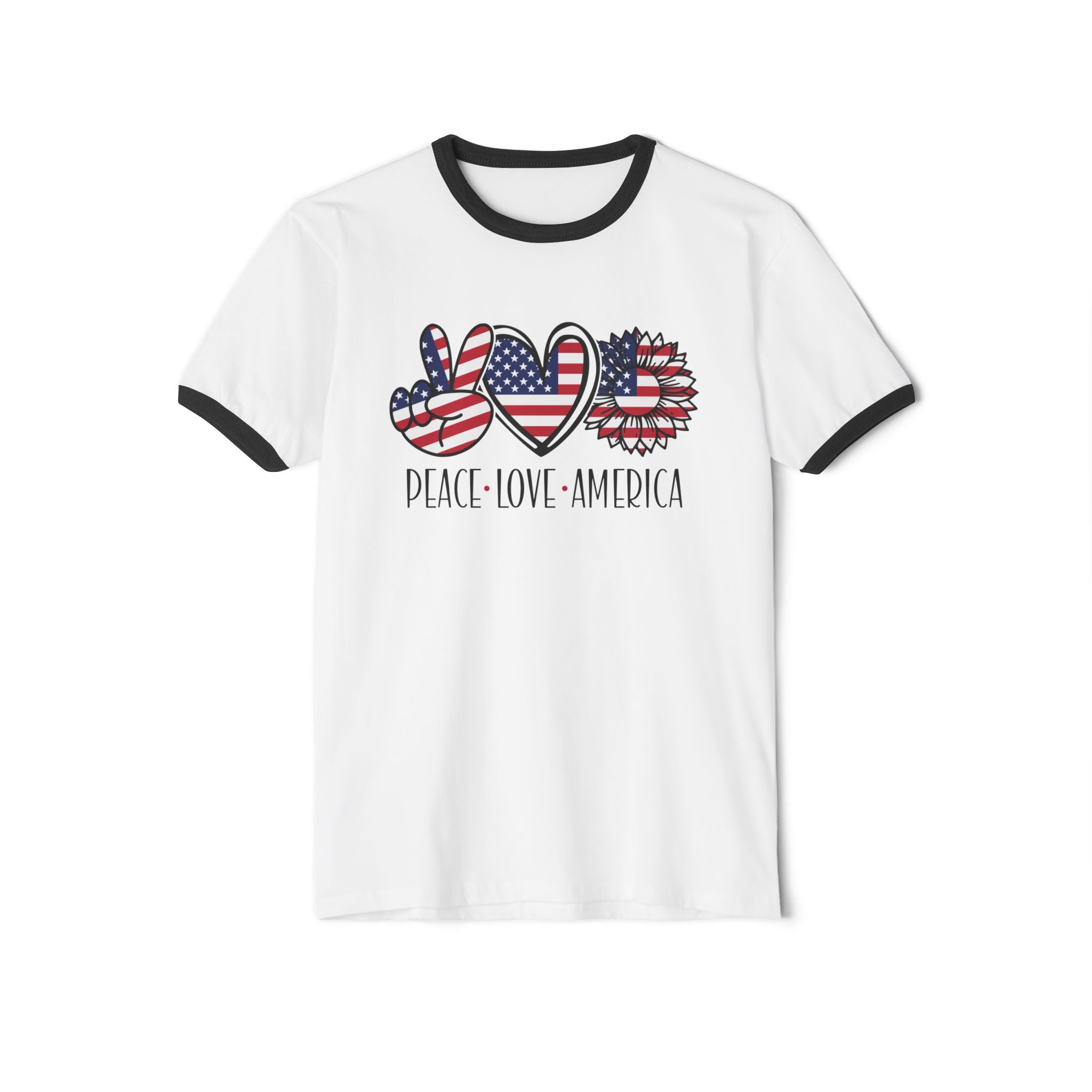 Peace Love America Unisex Cotton Ringer T-Shirt | Patriotic Tee for Memorial Day, Independence Day, 4th of July, American Pride Shirt