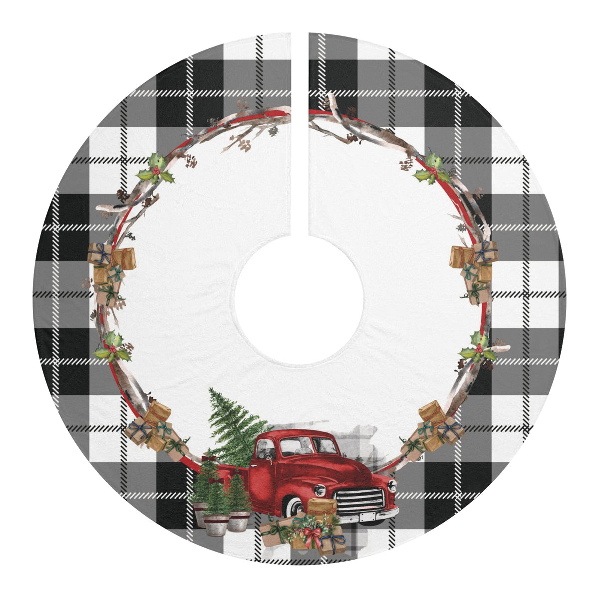Buffalo Plaid Rustic Christmas Red Truck Tree Skirt, Rustic Holiday Decor, Farmhouse Style, Tree Decoration, Winter Wonderland