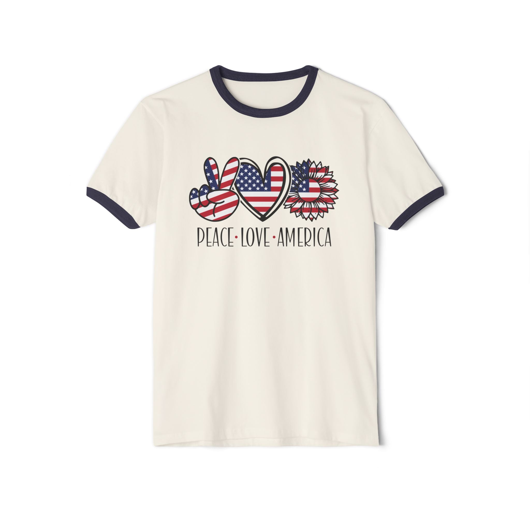 Peace Love America Unisex Cotton Ringer T-Shirt | Patriotic Tee for Memorial Day, Independence Day, 4th of July, American Pride Shirt