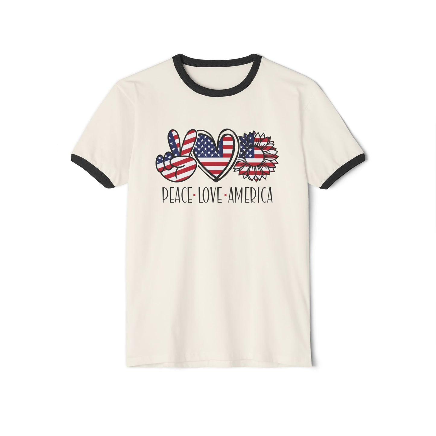 Peace Love America Unisex Cotton Ringer T-Shirt | Patriotic Tee for Memorial Day, Independence Day, 4th of July, American Pride Shirt