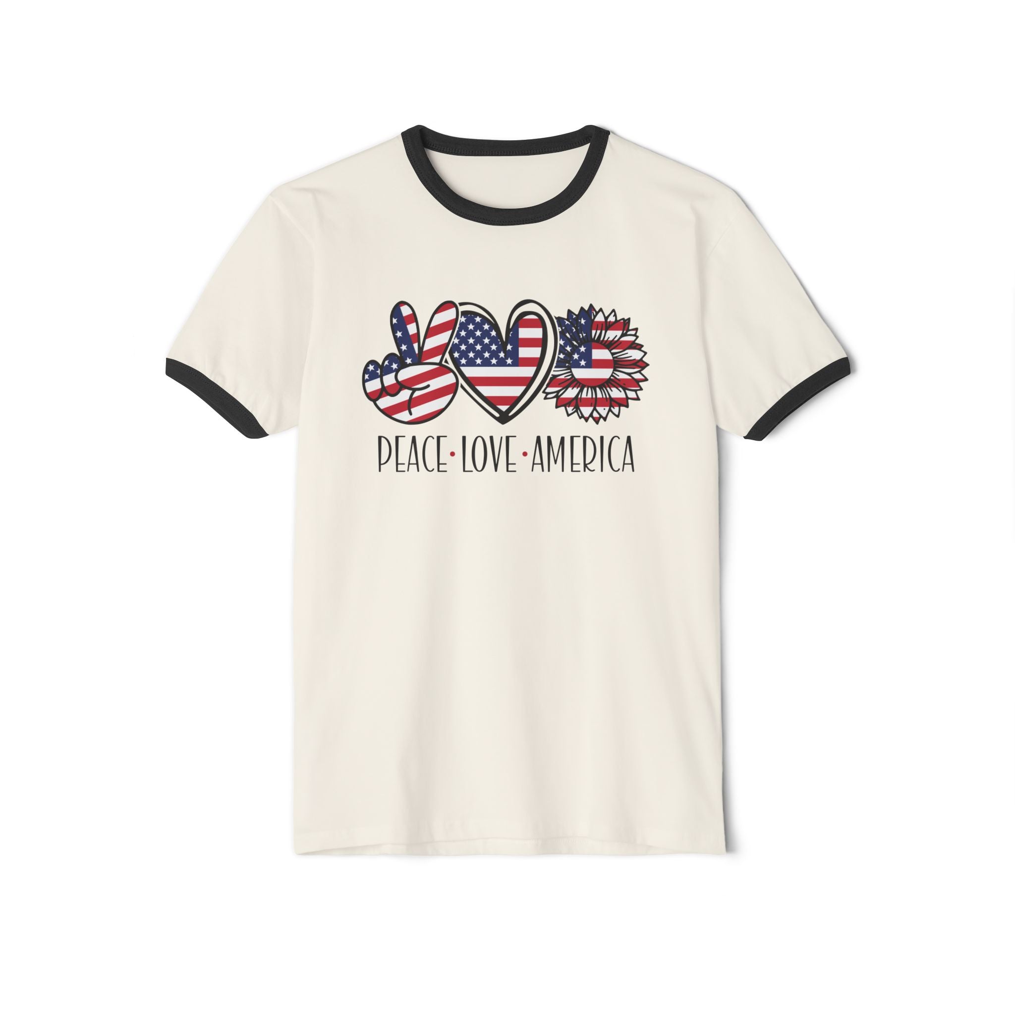 Peace Love America Unisex Cotton Ringer T-Shirt | Patriotic Tee for Memorial Day, Independence Day, 4th of July, American Pride Shirt