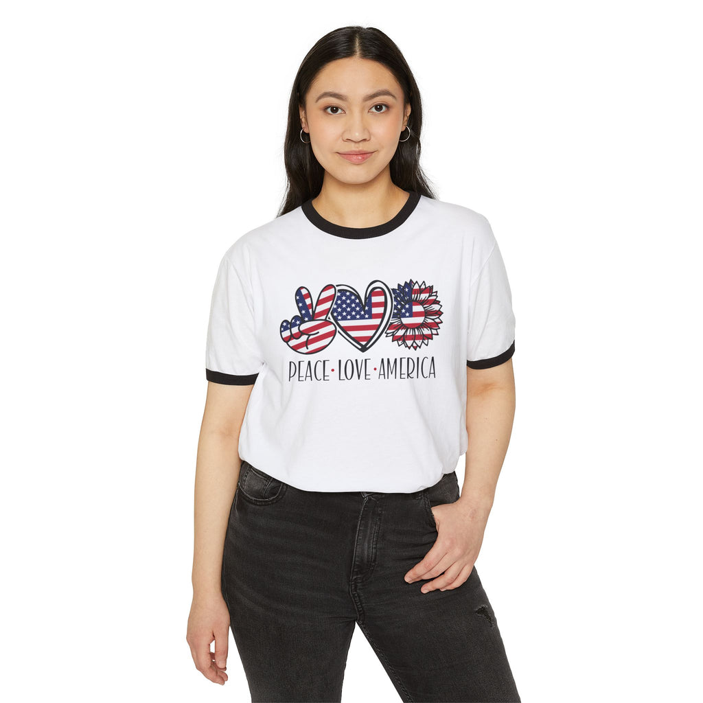 Peace Love America Unisex Cotton Ringer T-Shirt | Patriotic Tee for Memorial Day, Independence Day, 4th of July, American Pride Shirt