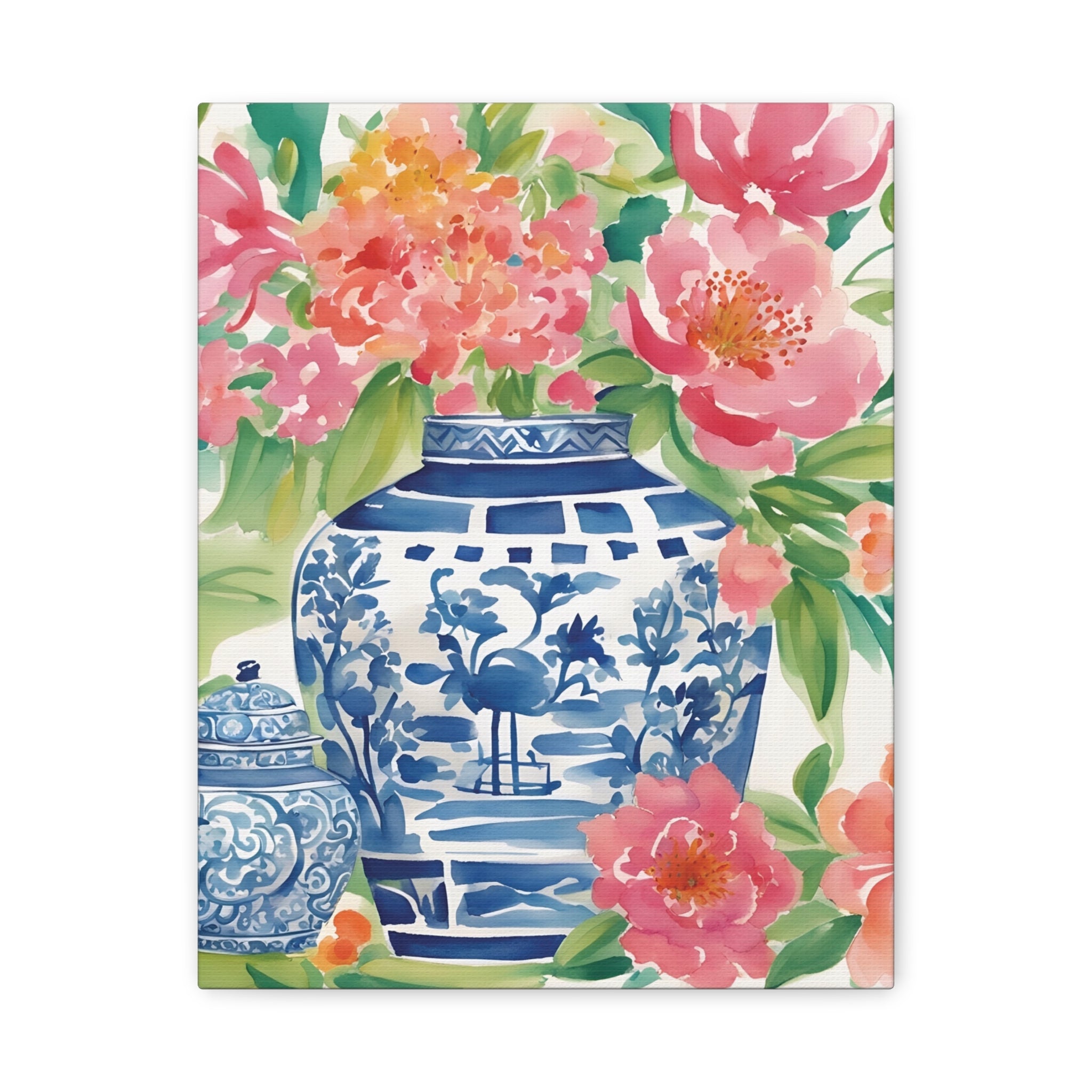 Chinoiserie Floral Canvas Wall Art, Watercolor Floral Art, Botanical Art, Grandmillenial Decor, Ginger Jar Decor, Gift For Her
