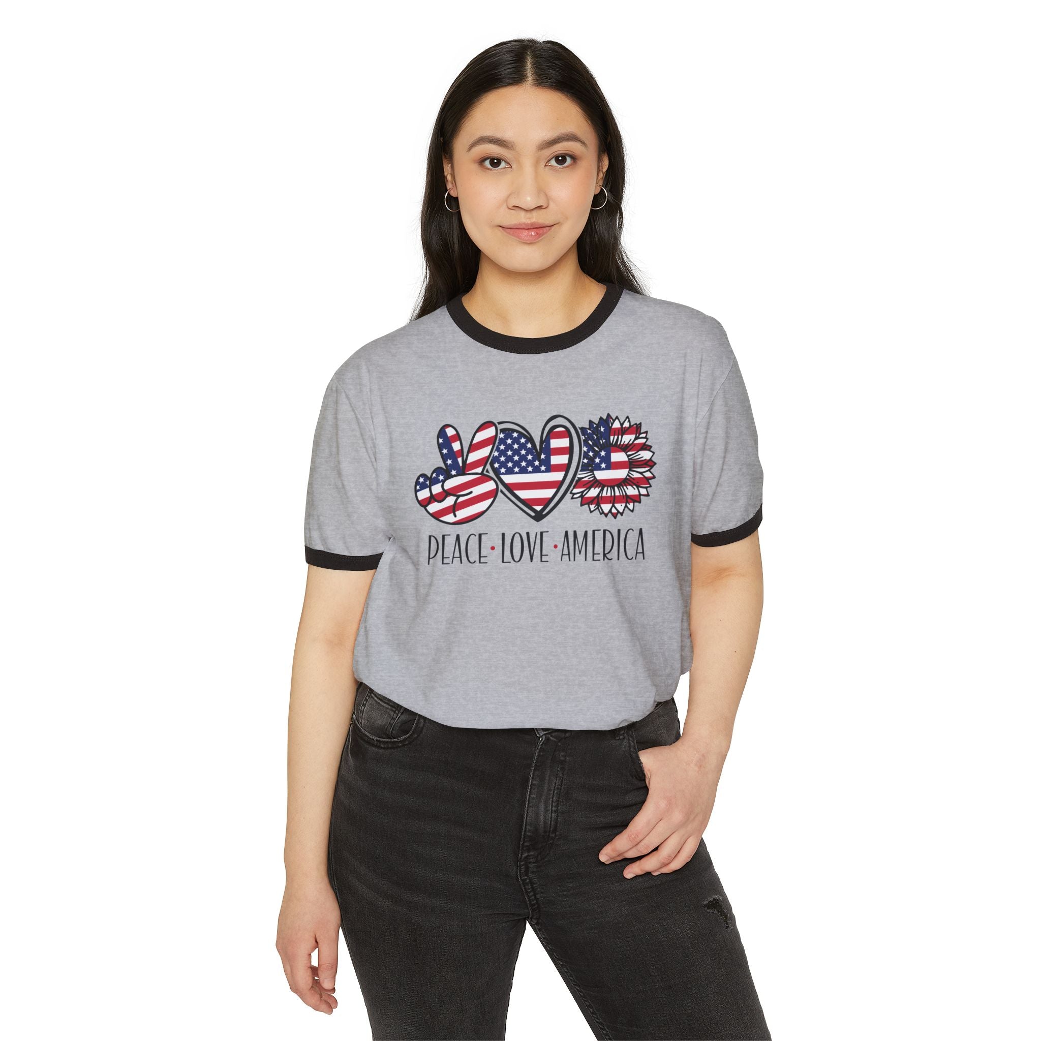 Peace Love America Unisex Cotton Ringer T-Shirt | Patriotic Tee for Memorial Day, Independence Day, 4th of July, American Pride Shirt