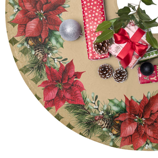 Poinsettias Christmas Tree Skirt, Christmas Tree Decor, Christmas Holiday Decor, Christmas Gift, Poinsettia Decor, Rustic Holiday Decor