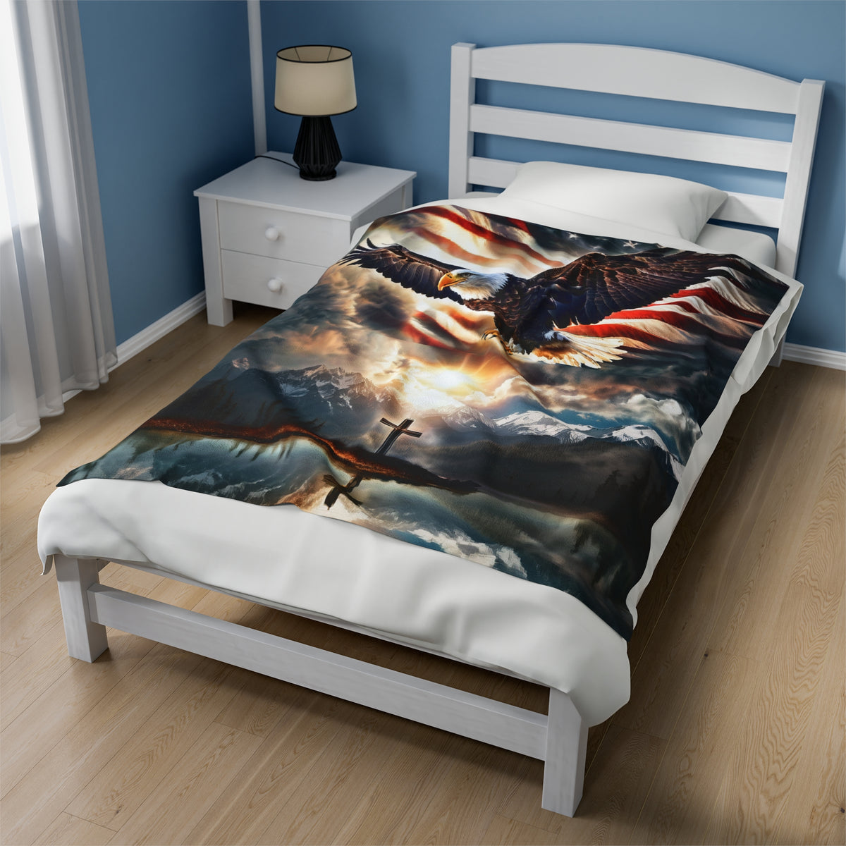 Spirit Of Freedom Majestic Eagle American Flag Cross Velveteen Plush Blanket-Patriotic Gift-Christian Religious Gift-Living Bedroom Decor