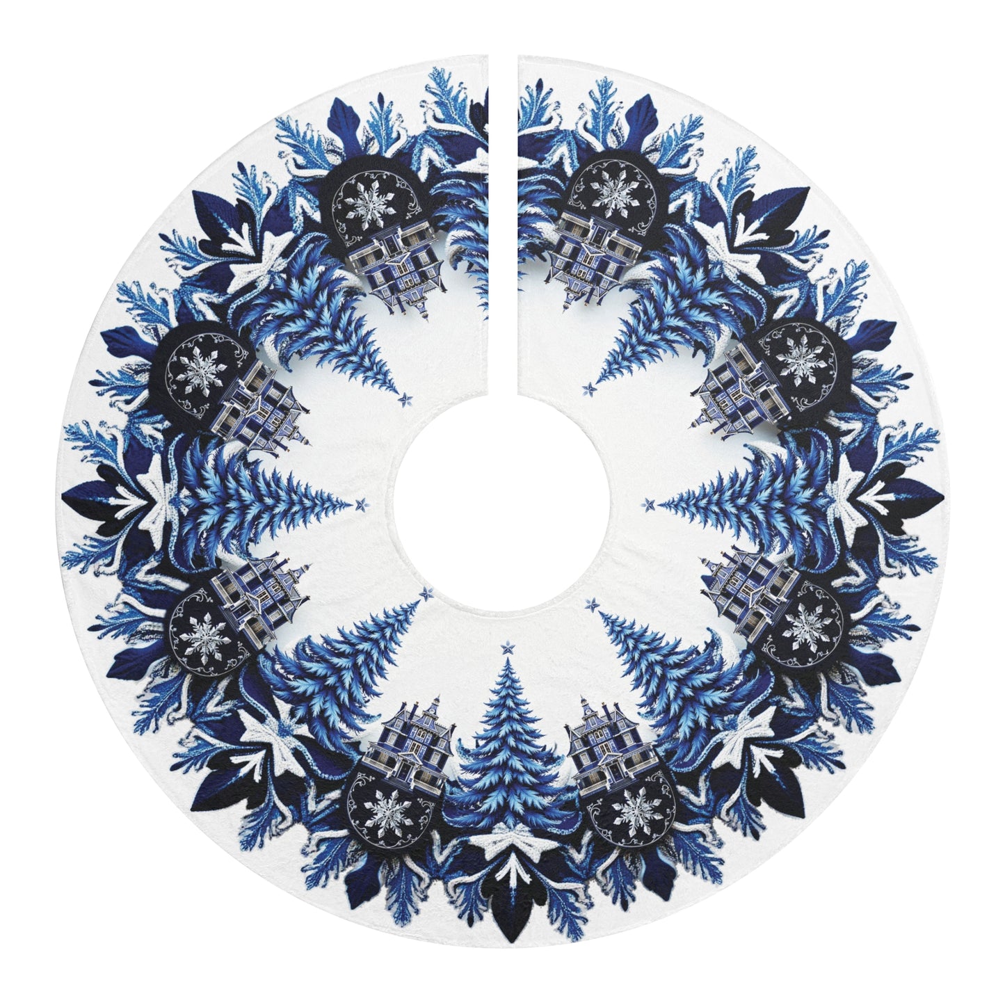 Blue and White Trees and Snowflakes Christmas Tree Skirt, Round Tree Skirt, Christmas Tree Decor