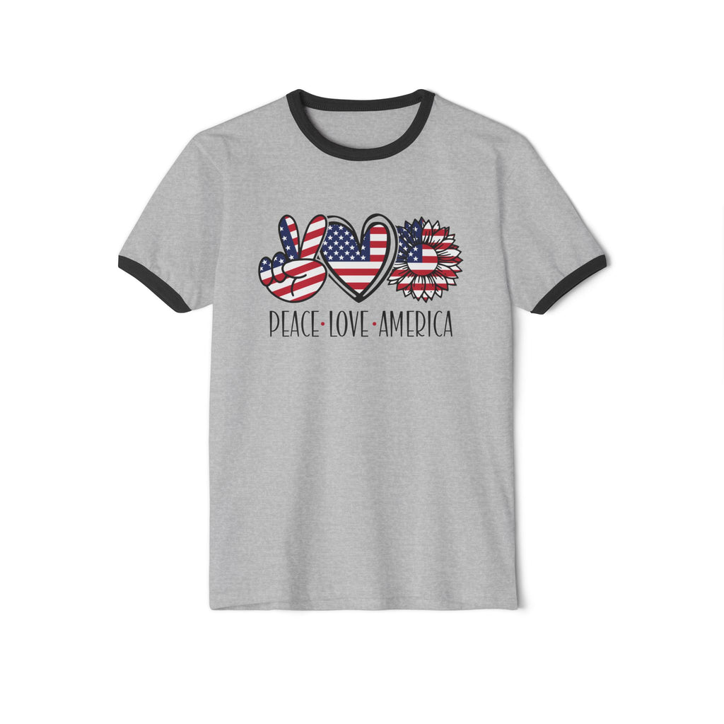 Peace Love America Unisex Cotton Ringer T-Shirt | Patriotic Tee for Memorial Day, Independence Day, 4th of July, American Pride Shirt