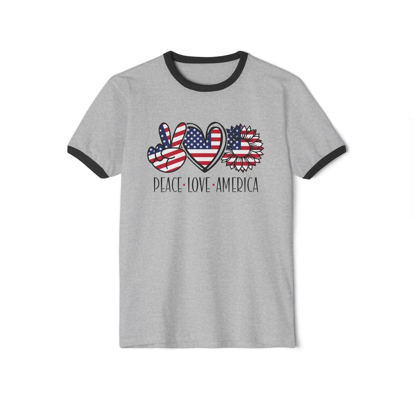Peace Love America Unisex Cotton Ringer T-Shirt | Patriotic Tee for Memorial Day, Independence Day, 4th of July, American Pride Shirt