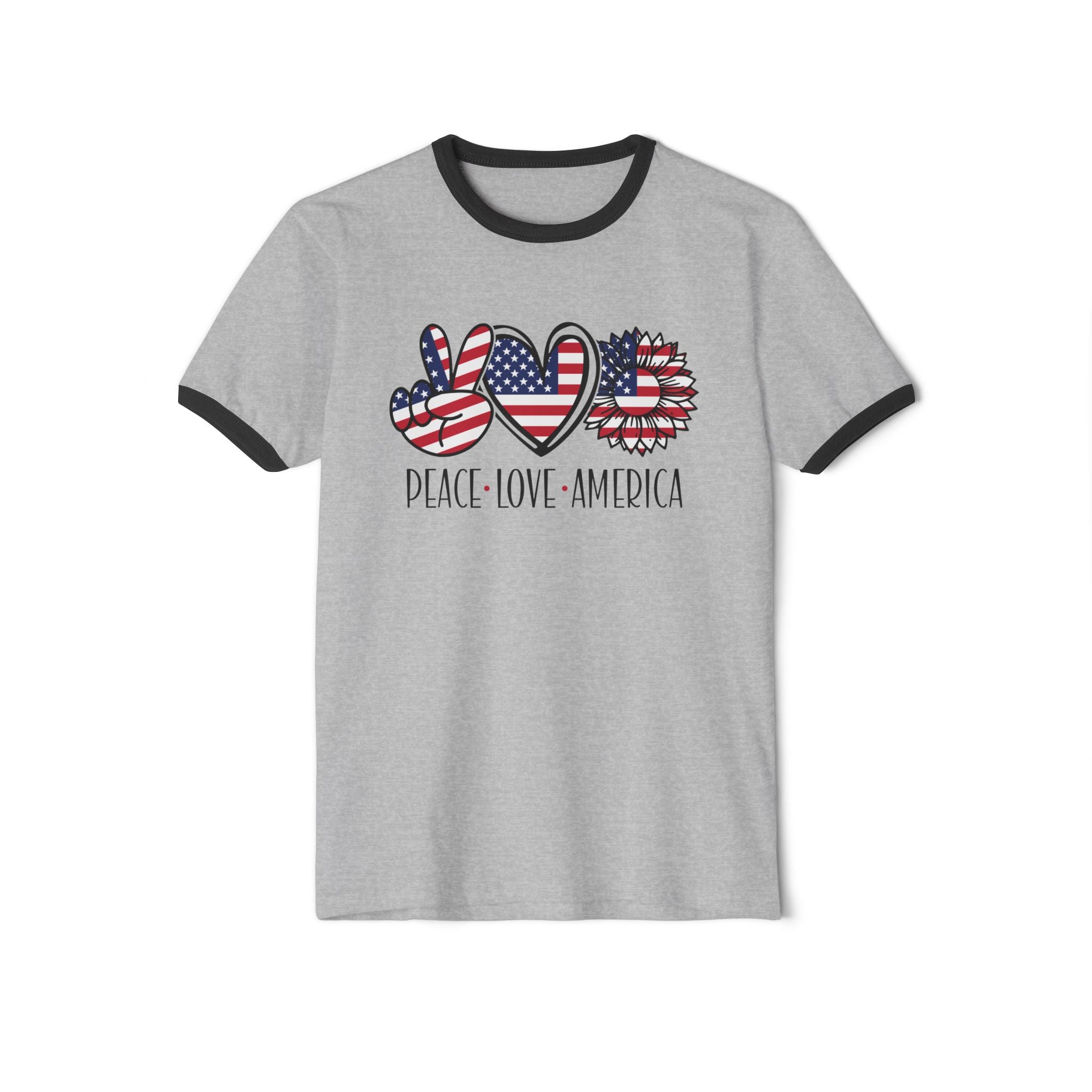 Peace Love America Unisex Cotton Ringer T-Shirt | Patriotic Tee for Memorial Day, Independence Day, 4th of July, American Pride Shirt