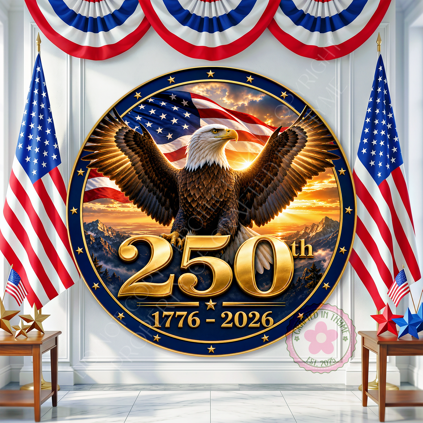USA 250 Years 1776-2026 Wreath Sign, Round Metal Sign For Wreaths, Patriotic Eagle America Wreath Attachment Insert
