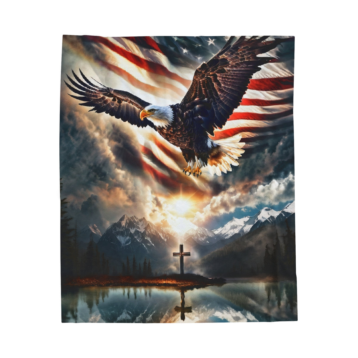 Spirit Of Freedom Majestic Eagle American Flag Cross Velveteen Plush Blanket-Patriotic Gift-Christian Religious Gift-Living Bedroom Decor