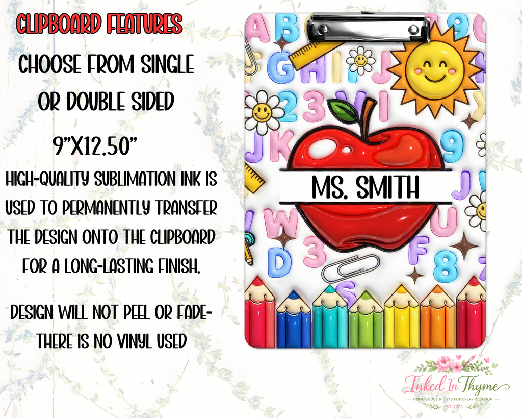 Personalized Teacher Clipboard: Faux 3D Apple Teacher Double Sided Clipboard, Teacher Appreciation Gift, End Of School Year Gift