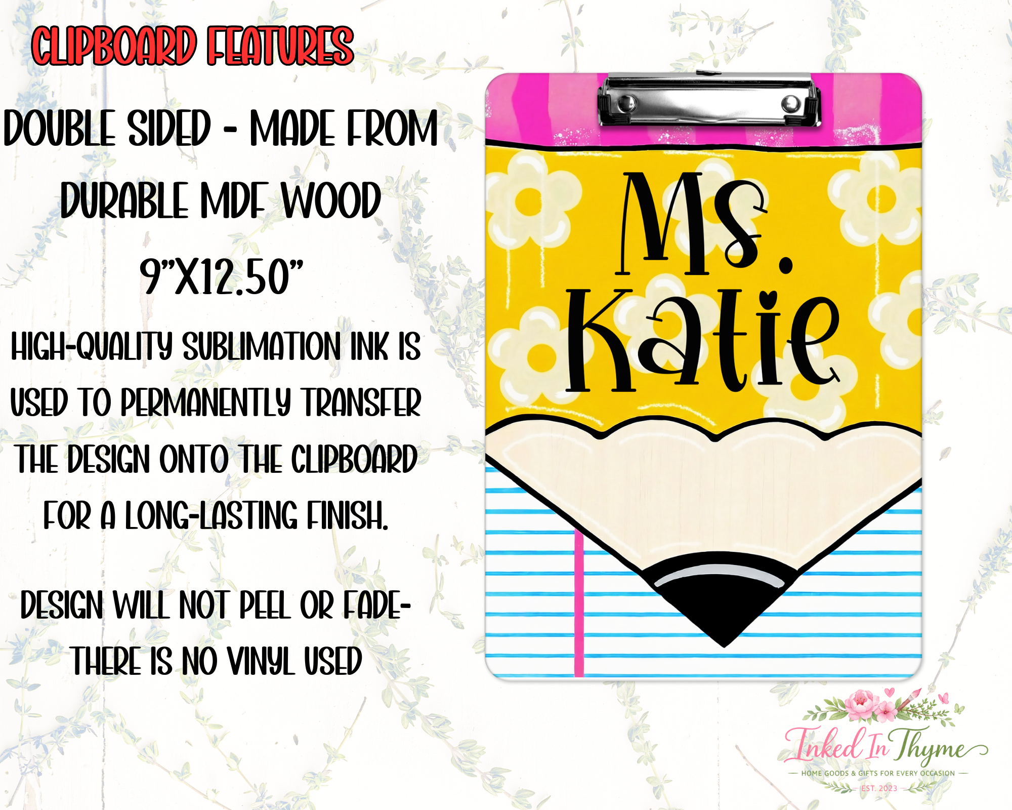 Personalized Teacher Clipboard: Pencil Teacher Double Sided Clipboard, Teacher Appreciation Gift, End Of School Year Gift