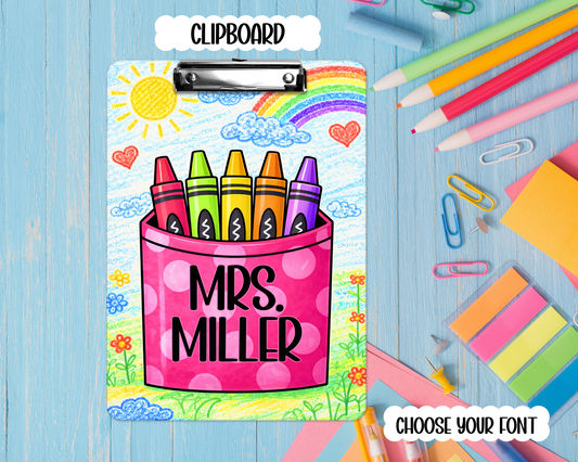 Personalized Teacher Clipboard: Crayons Teacher Double Sided Clipboard, Teacher Appreciation Gift, End Of School Year Gift