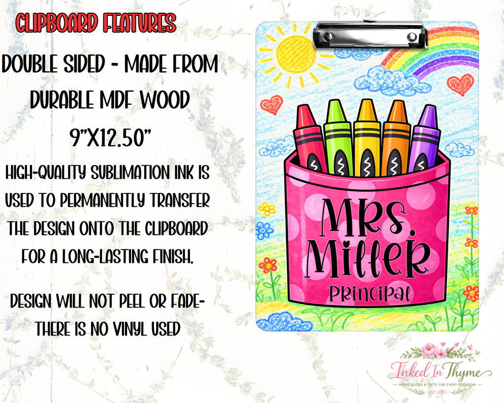 Personalized Teacher Clipboard: Crayons Teacher Double Sided Clipboard, Teacher Appreciation Gift, End Of School Year Gift