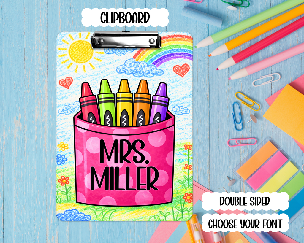 Personalized Teacher Clipboard: Crayons Teacher Double Sided Clipboard, Teacher Appreciation Gift, End Of School Year Gift