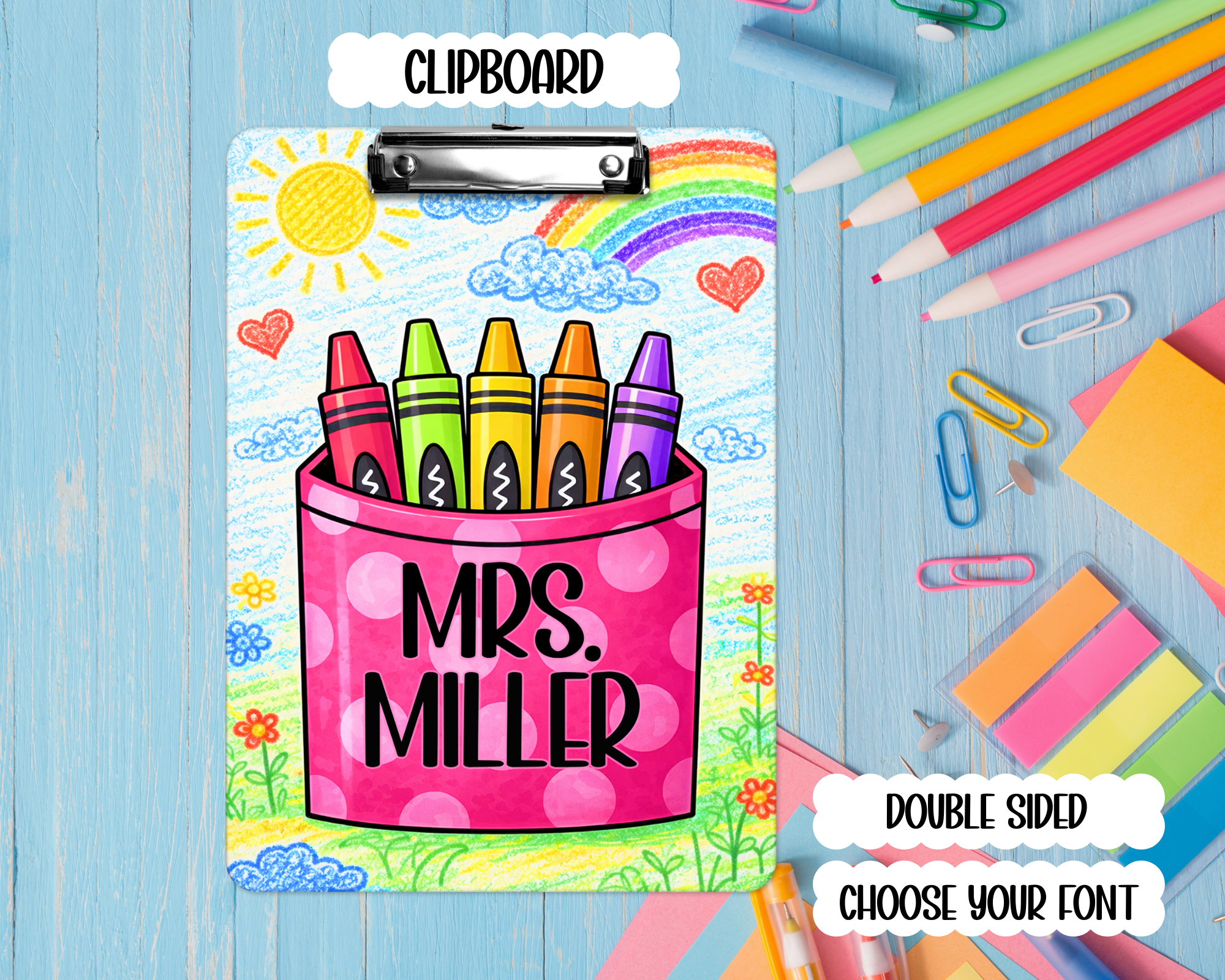 Personalized Teacher Clipboard: Crayons Teacher Double Sided Clipboard, Teacher Appreciation Gift, End Of School Year Gift