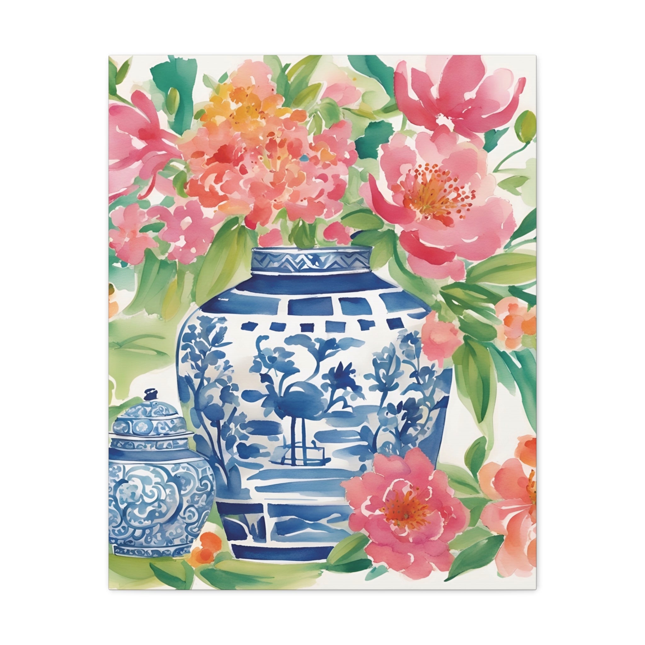 Chinoiserie Floral Canvas Wall Art, Watercolor Floral Art, Botanical Art, Grandmillenial Decor, Ginger Jar Decor, Gift For Her