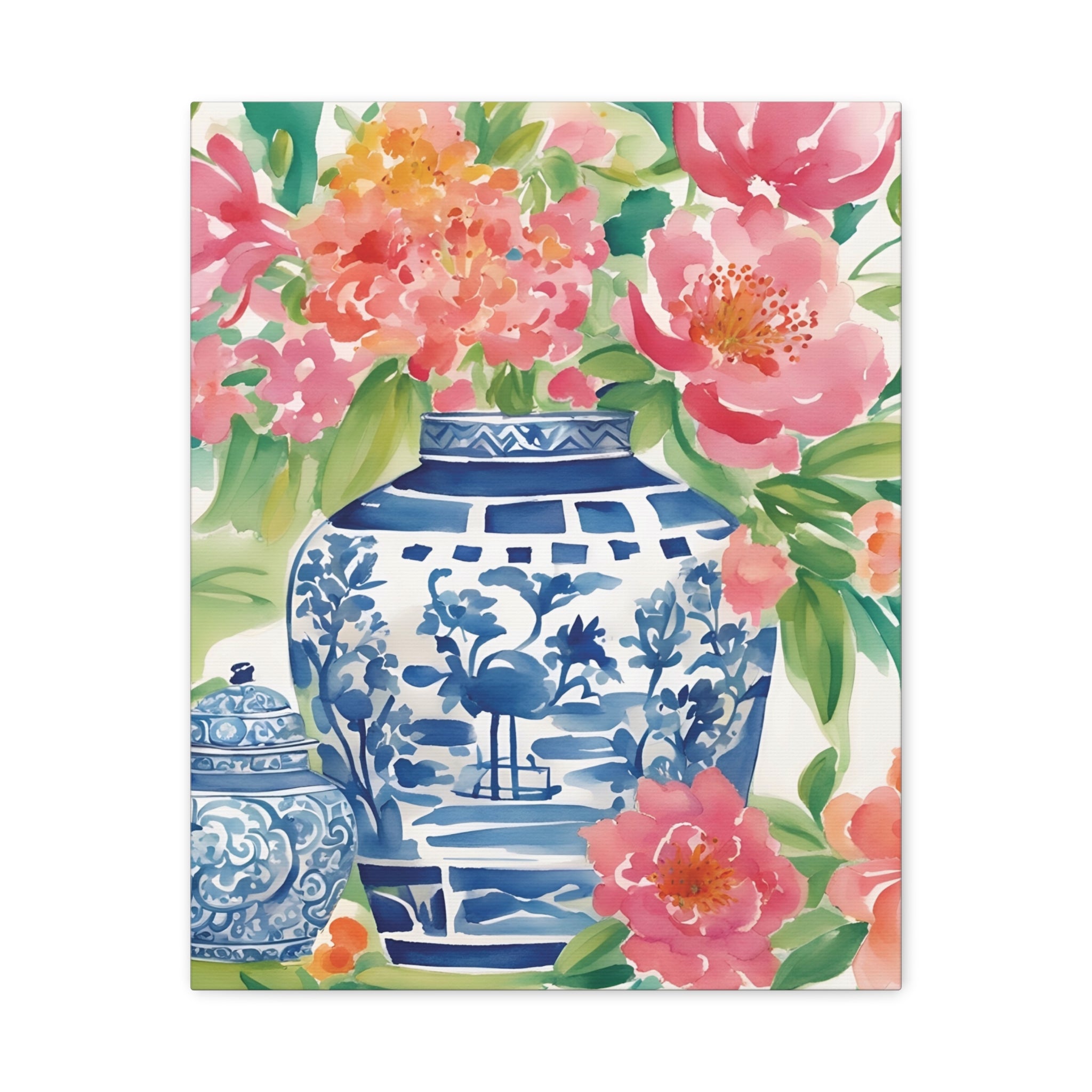 Chinoiserie Floral Canvas Wall Art, Watercolor Floral Art, Botanical Art, Grandmillenial Decor, Ginger Jar Decor, Gift For Her