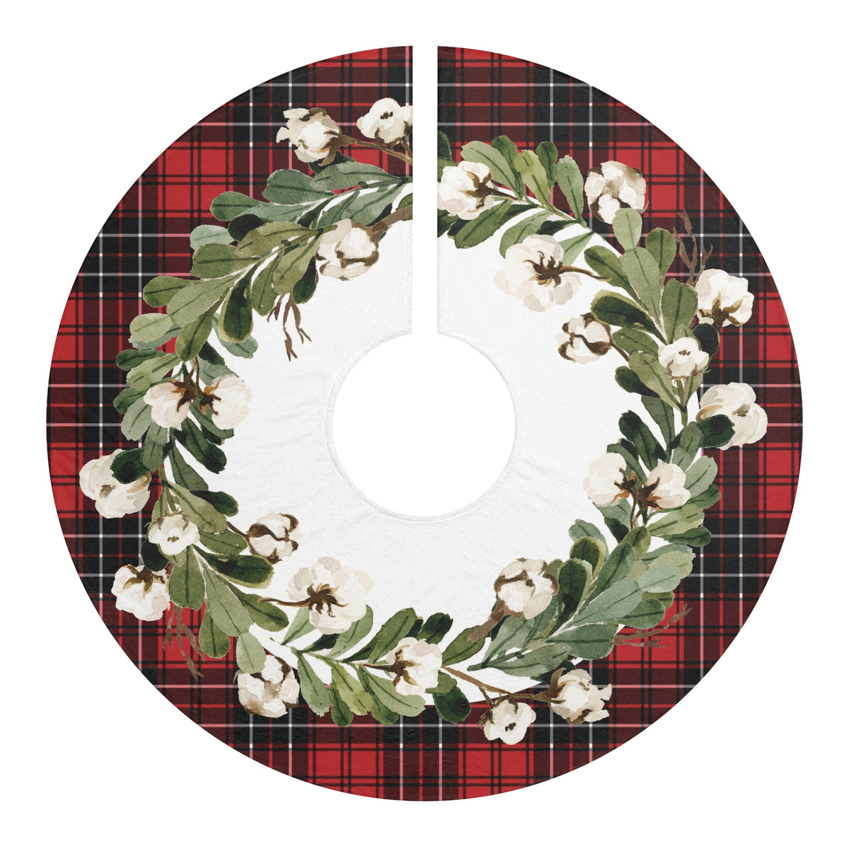 Plaid & Cotton Blossom Christmas Tree Skirt, Round Tree Skirt, Christmas Decor, Christmas Gift