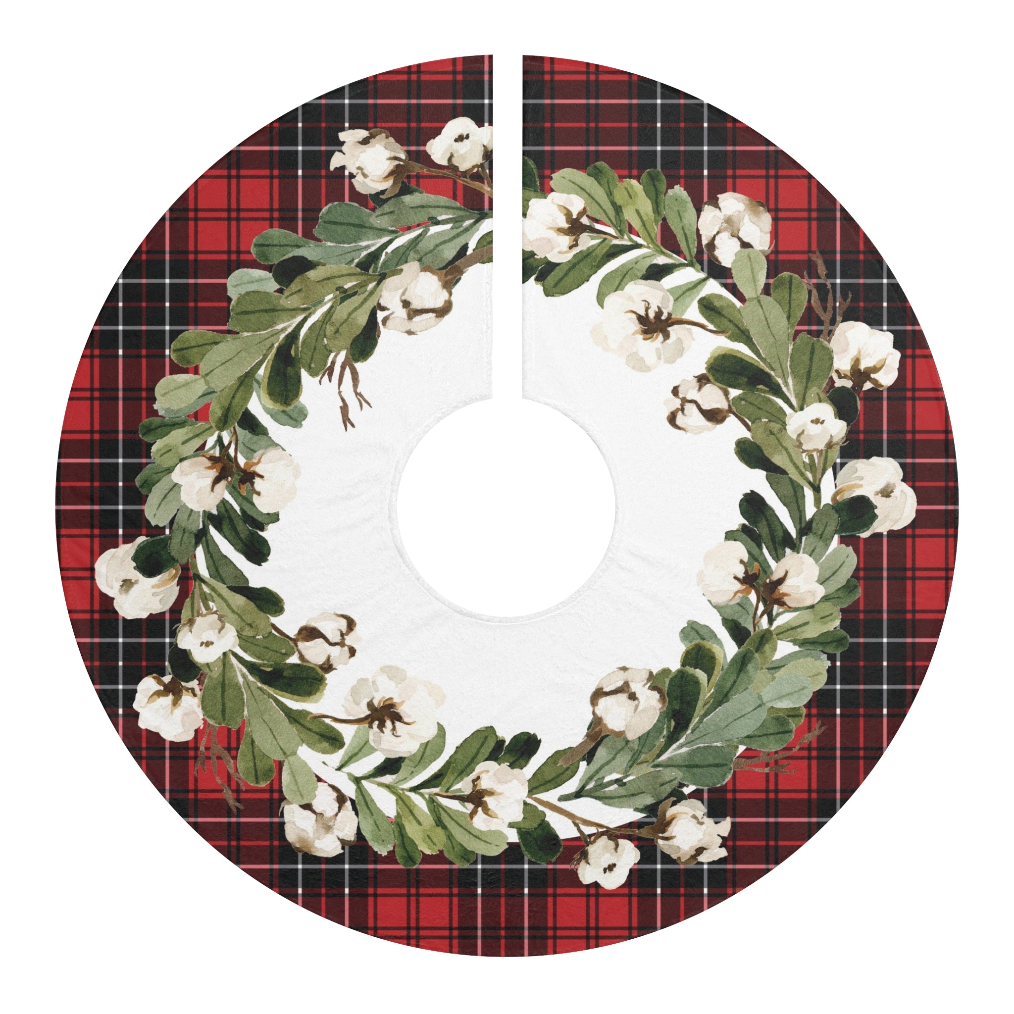 Plaid & Cotton Blossom Christmas Tree Skirt, Round Tree Skirt, Christmas Decor, Christmas Gift