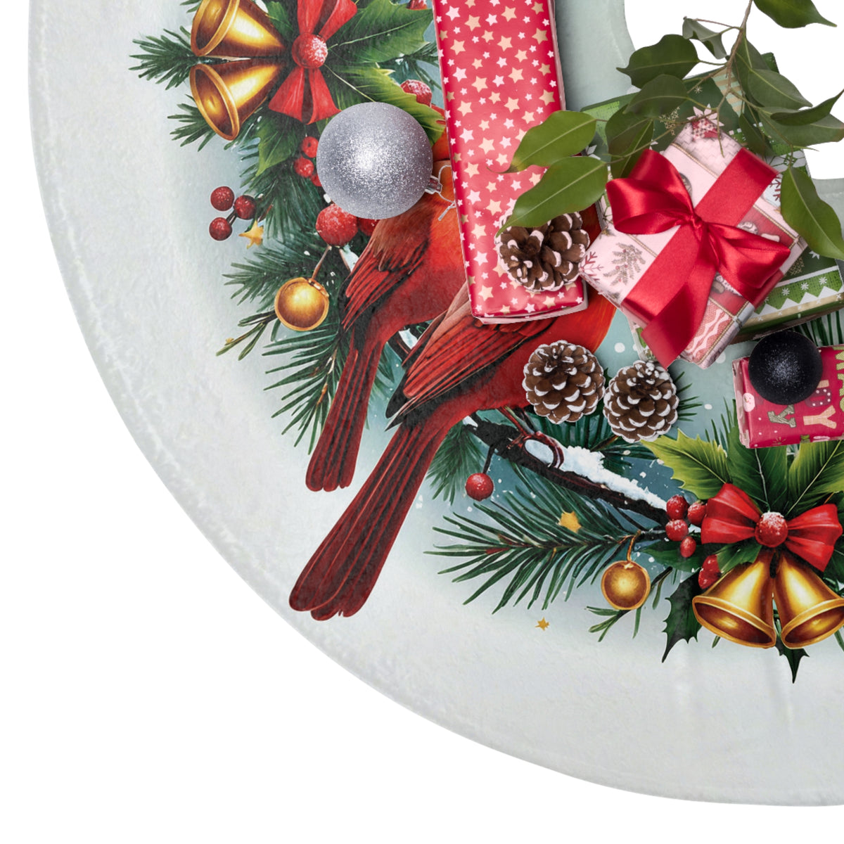 Cardinals and Christmas Bells Christmas Tree Skirt, Round Tree Skirt, Christmas Tree Decor