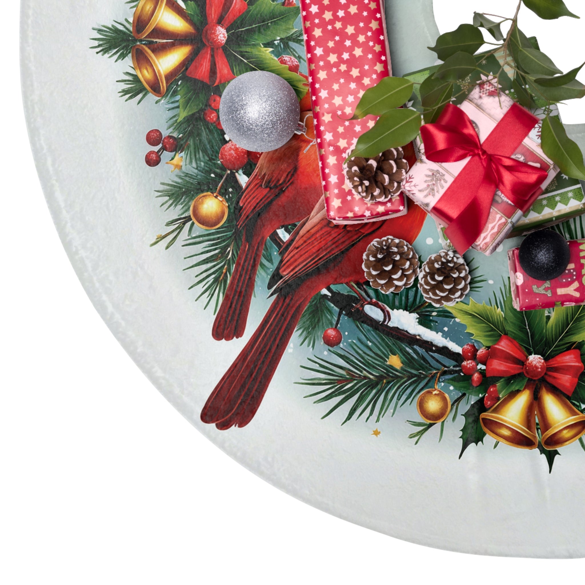 Cardinals and Christmas Bells Christmas Tree Skirt, Round Tree Skirt, Christmas Tree Decor