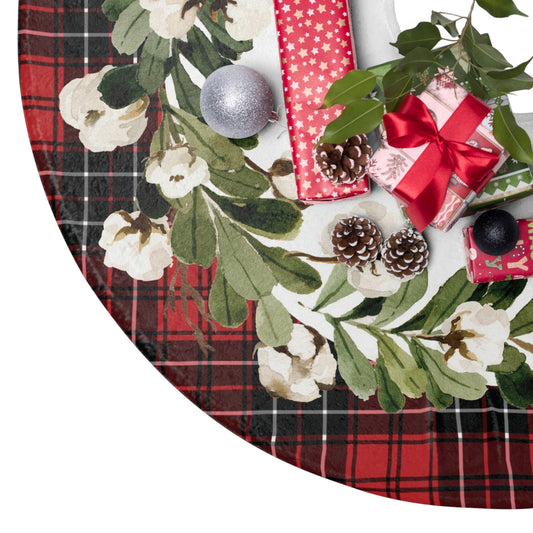 Plaid & Cotton Blossom Christmas Tree Skirt, Round Tree Skirt, Christmas Decor, Christmas Gift