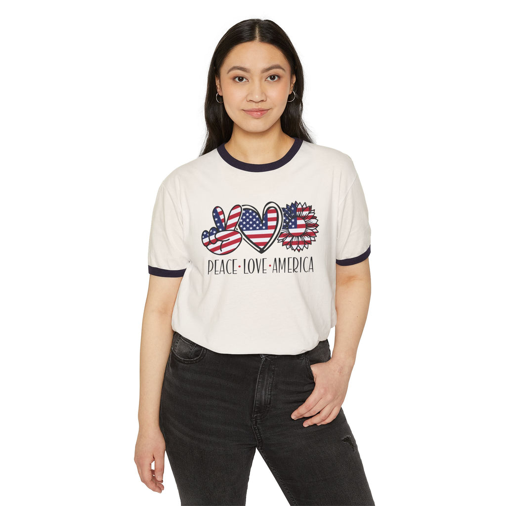 Peace Love America Unisex Cotton Ringer T-Shirt | Patriotic Tee for Memorial Day, Independence Day, 4th of July, American Pride Shirt