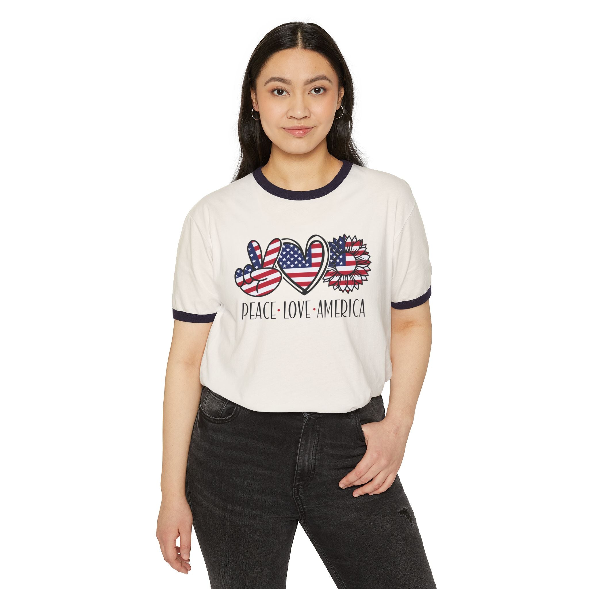 Peace Love America Unisex Cotton Ringer T-Shirt | Patriotic Tee for Memorial Day, Independence Day, 4th of July, American Pride Shirt