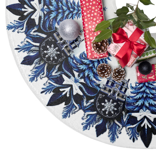 Blue and White Trees and Snowflakes Christmas Tree Skirt, Round Tree Skirt, Christmas Tree Decor