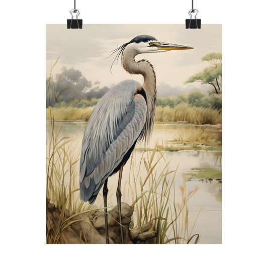 Serene Heron Art Print, Matte Poster, Nature Decor, Bird Lover's Gift, Coastal Bird Print, Blue Heron Print, Wedding Gift, Gift For Mom