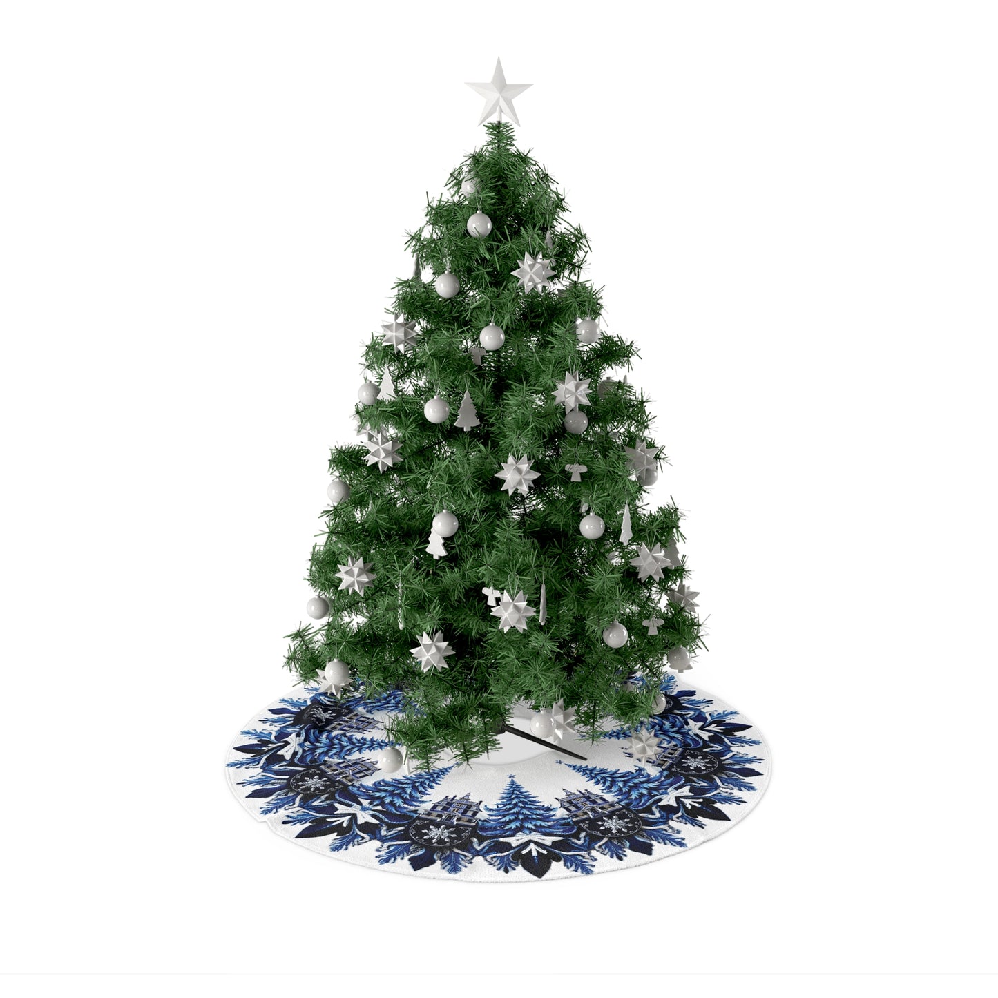 Blue and White Trees and Snowflakes Christmas Tree Skirt, Round Tree Skirt, Christmas Tree Decor