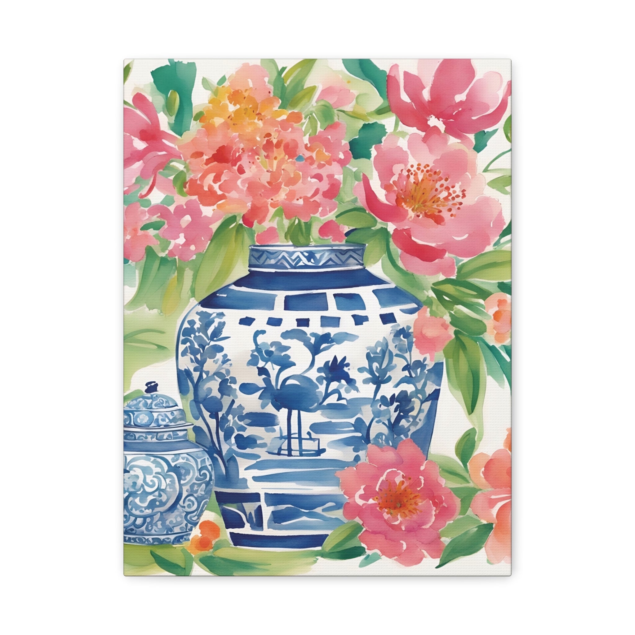 Chinoiserie Floral Canvas Wall Art, Watercolor Floral Art, Botanical Art, Grandmillenial Decor, Ginger Jar Decor, Gift For Her