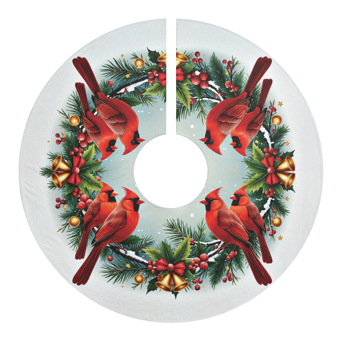 Cardinals and Christmas Bells Christmas Tree Skirt, Round Tree Skirt, Christmas Tree Decor