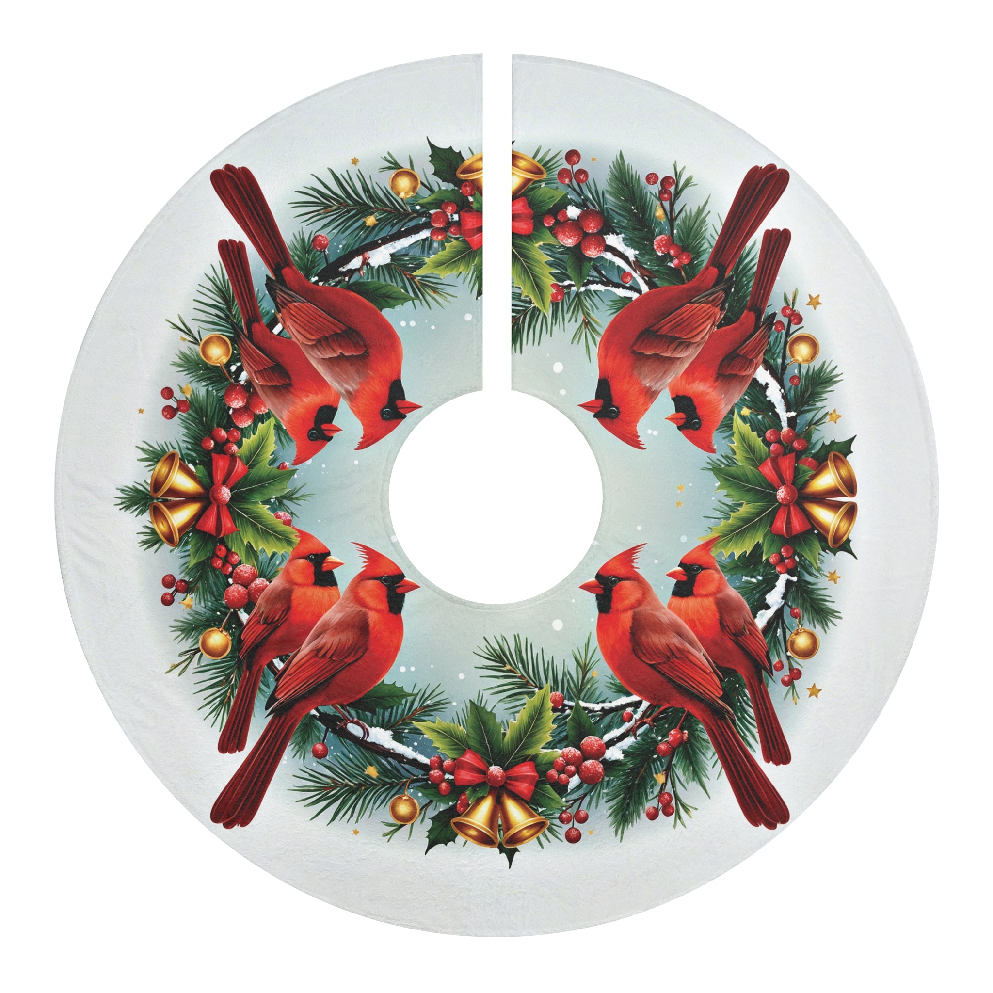 Cardinals and Christmas Bells Christmas Tree Skirt, Round Tree Skirt, Christmas Tree Decor