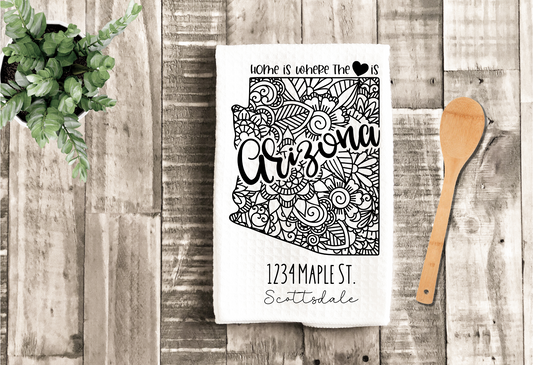 Personalized State Address Kitchen Dish Towel, Hand Tea Towel, Custom Gift