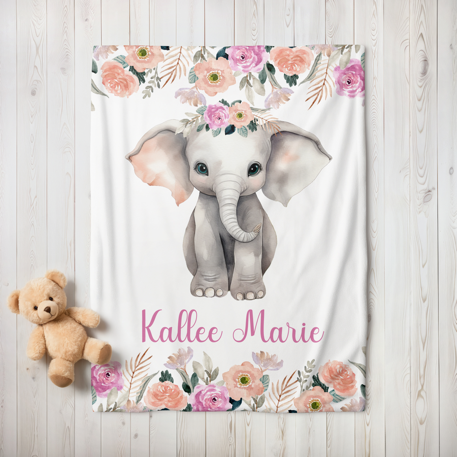 Custom Baby Girl Elephant Blanket, New Baby Gift, Baby Shower Gift, Gift For Girl, Safari Nursery Blanket, Toddler Blanket, Elephant Nursery