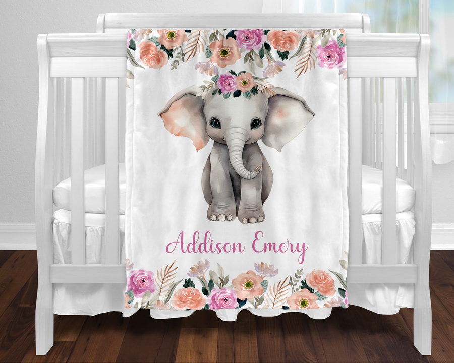 Custom Baby Girl Elephant Blanket, New Baby Gift, Baby Shower Gift, Gift For Girl, Safari Nursery Blanket, Toddler Blanket, Elephant Nursery