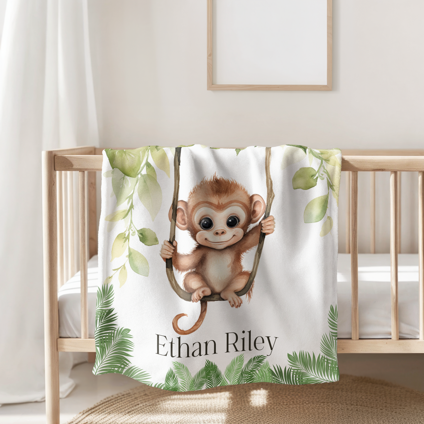 Custom Baby Monkey Blanket, New Baby Gift, Baby Shower Gift, Gift For Boy, Safari Nursery Blanket, Toddler Blanket