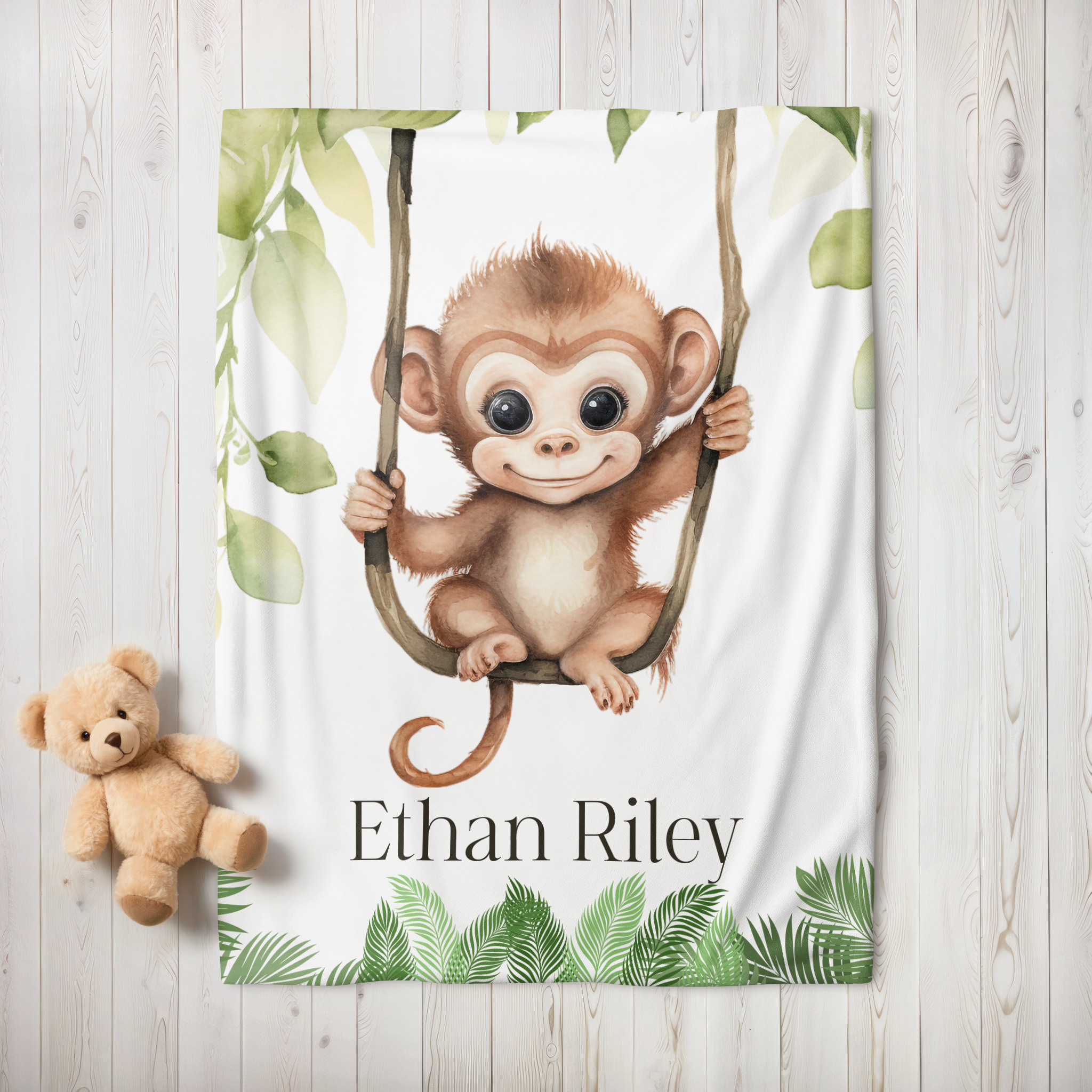 Custom Baby Monkey Blanket, New Baby Gift, Baby Shower Gift, Gift For Boy, Safari Nursery Blanket, Toddler Blanket